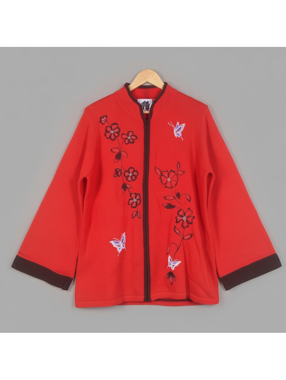 Storybook Knits Grannycore Red Floral Embroidered Zip Front 1X Knit Cardigan